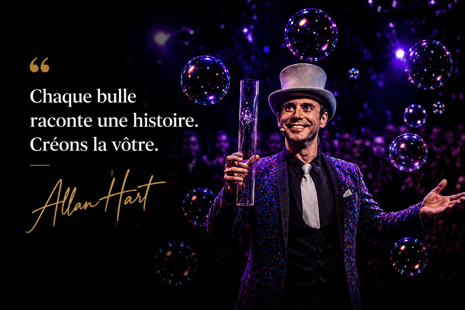 Allan Hart réalisant des bulles de savon à partir d'un tube